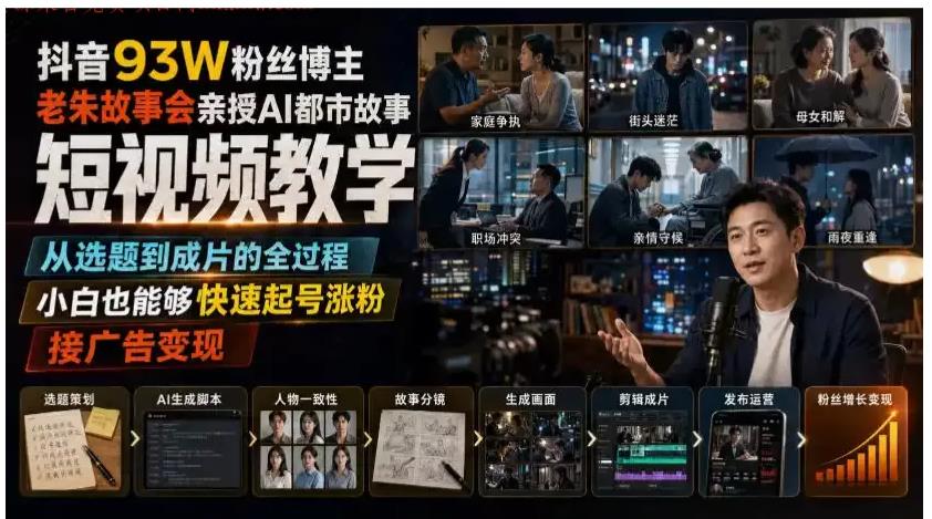 当前位置：首页 > 教程专区 > 网创项目 抖音93W粉丝博主老朱故事会亲授AI都市故事短视频教学，从选题到成片的全过程，小白也能够快速起号涨粉