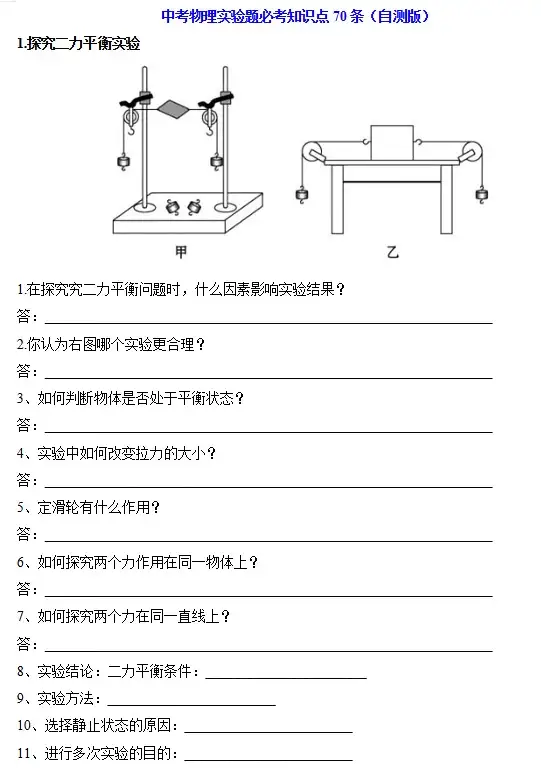 初中+中考物理实验题必考知识点70条