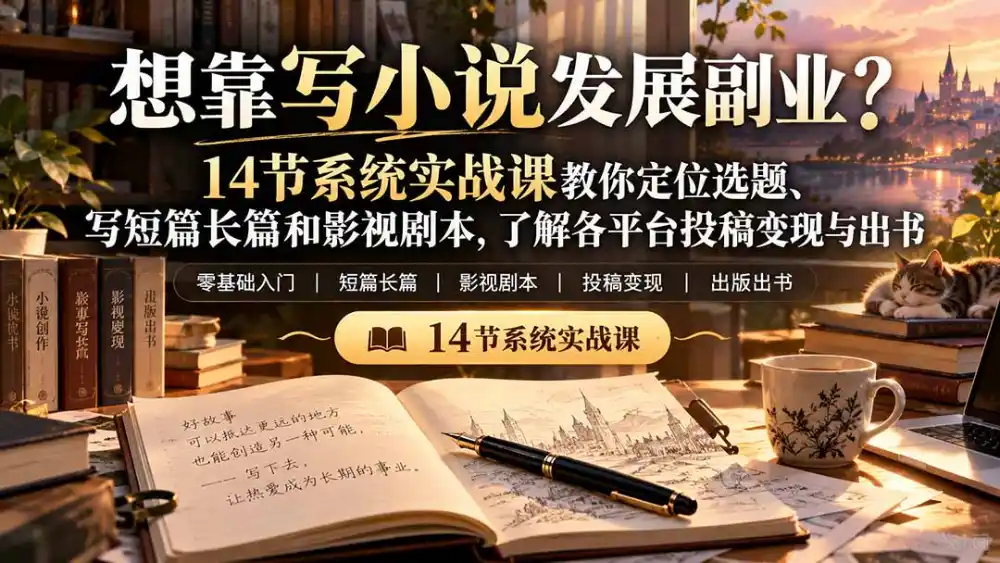 【无水印】想靠写小说发展副业？14节系统实战课教你定位选题、写短篇长篇和影视剧本，了解各平台投稿变现与出书
