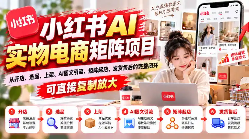 小红书AI实物电商矩阵项目,从开店、选品、上架、AI图文引流、矩阵起店、发货售后的完整闭环,可直接复制放大