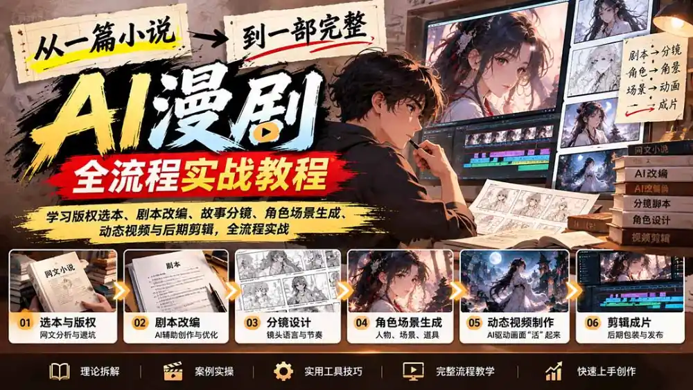 从一篇小说到一部完整AI漫剧：学习版权选本、剧本改编、故事分镜、角色场景生成、动态视频与后期剪辑