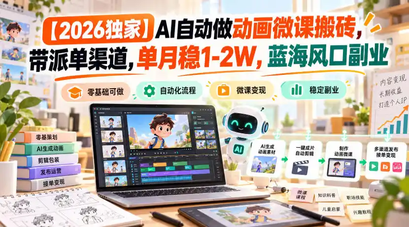 【2026独家】AI自动做动画微课搬砖，带派单渠道，单月稳1-2W，蓝海风口副业【揭秘】